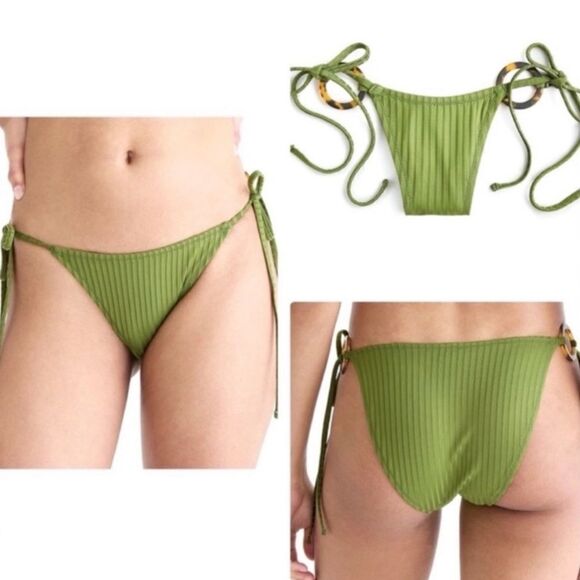 J Crew Canteen Green Wide Rib Tortoiseshell Ring String Bikini Bottom Sz S NWT - Picture 12 of 12